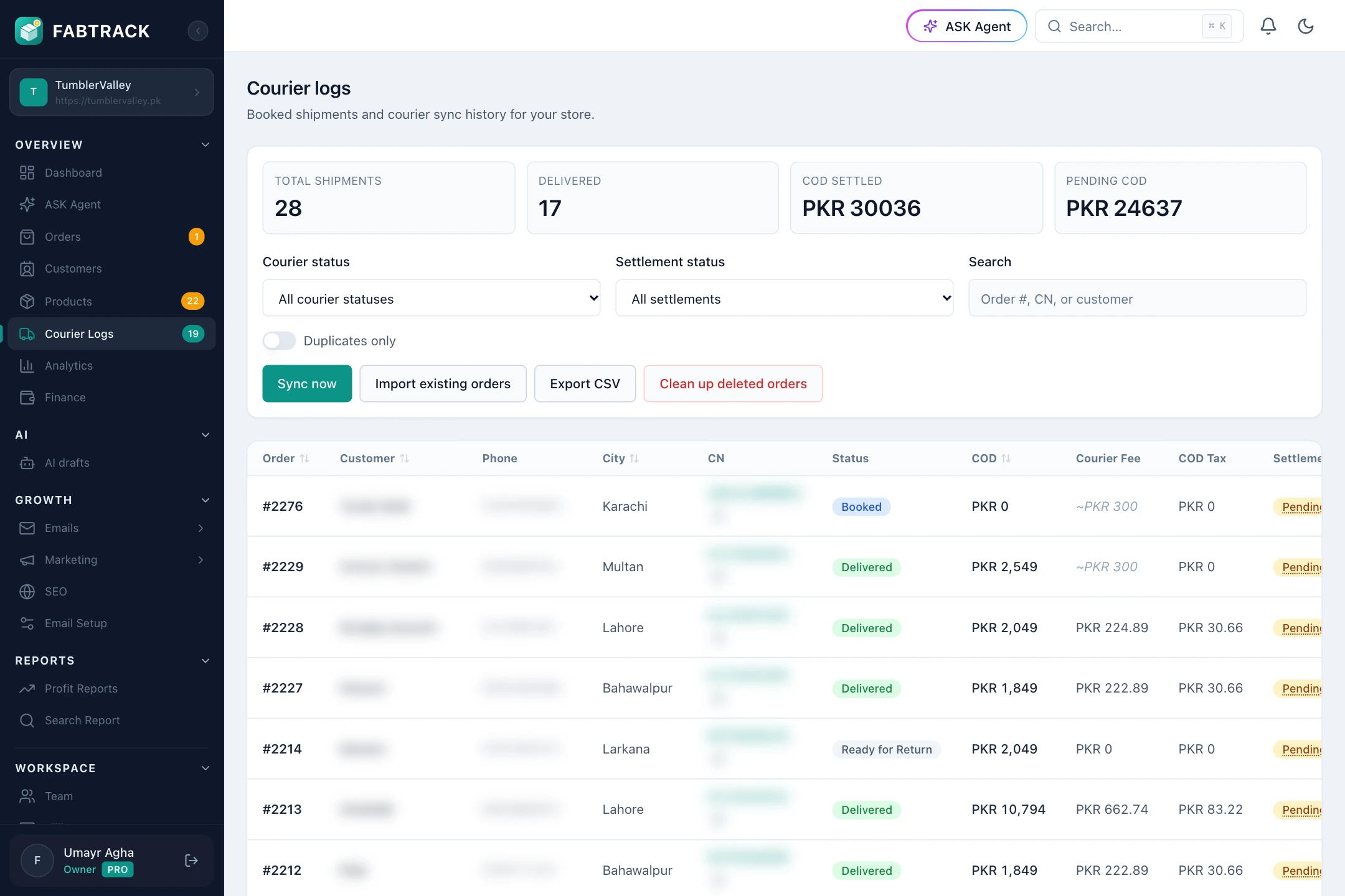 FABTRACK courier logs with every parcel, COD, courier fee, tax, settlement status and booking date