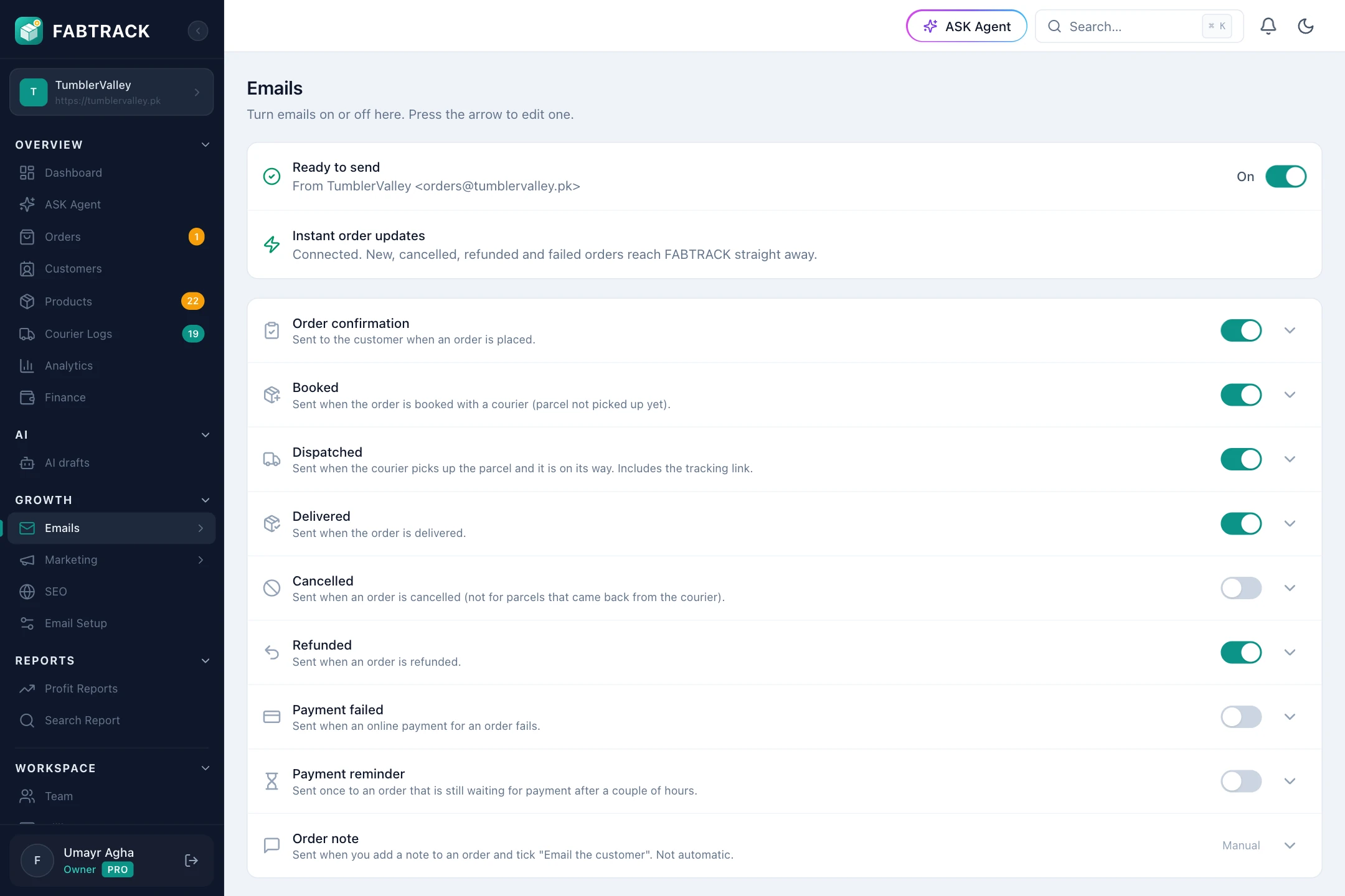 FABTRACK automatic customer emails that can be switched on or off