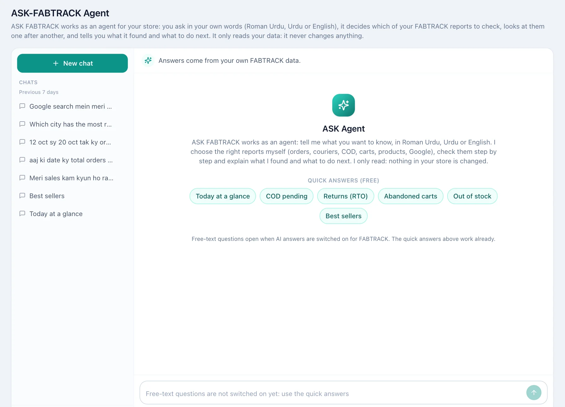 ASK Agent chat page with past chats, quick answer buttons and a message box.