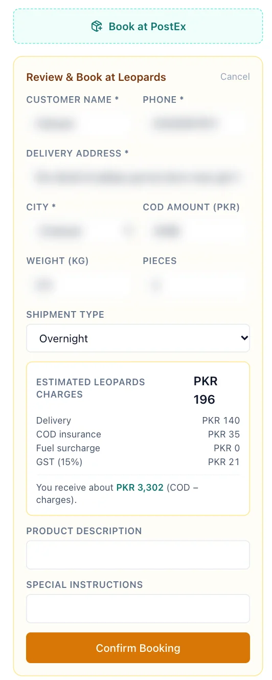 Review and Book at Leopards form with customer fields, shipment type, estimated charges and Confirm Booking.
