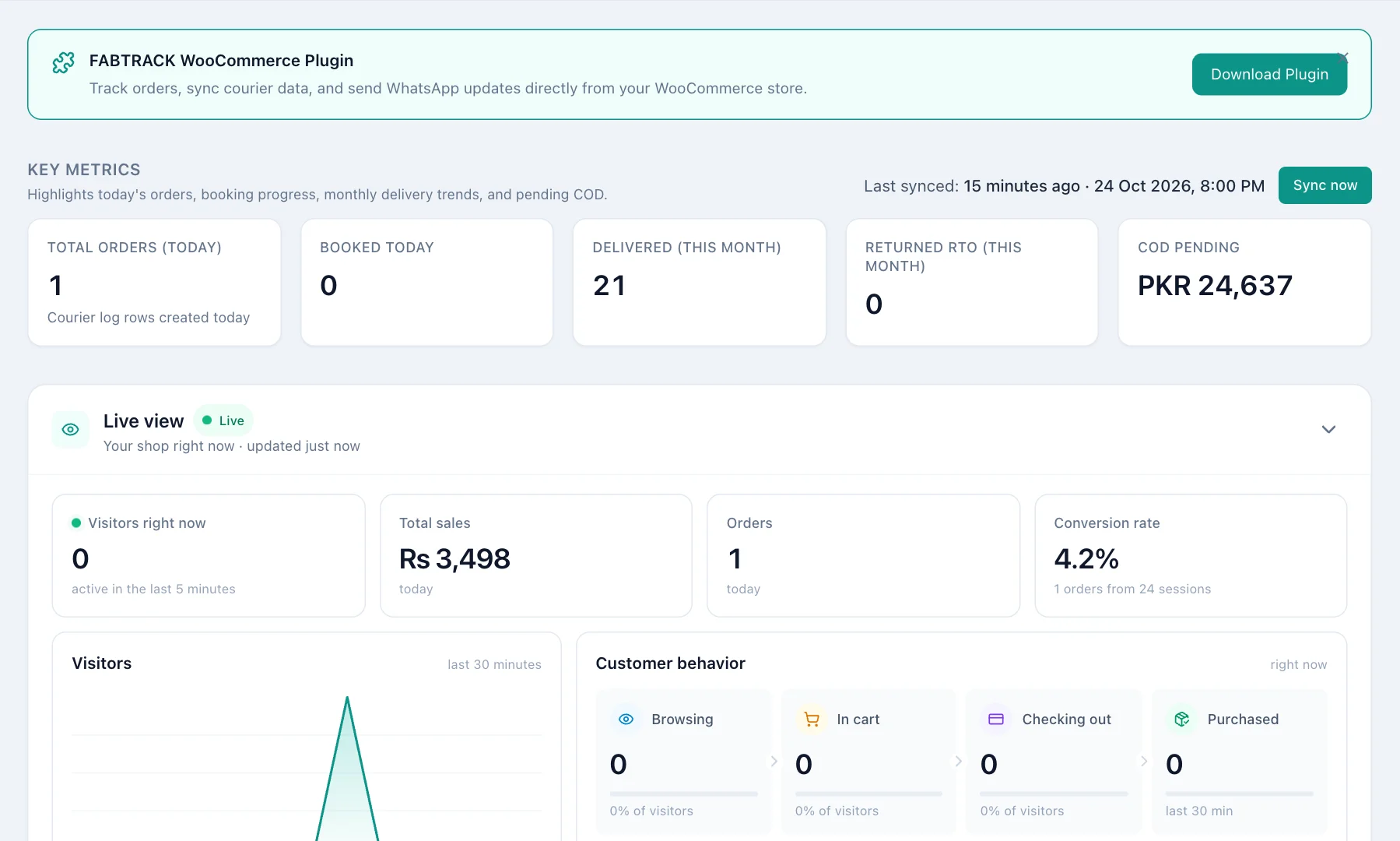 Dashboard with key metrics, the Sync now button and the live view of the shop.