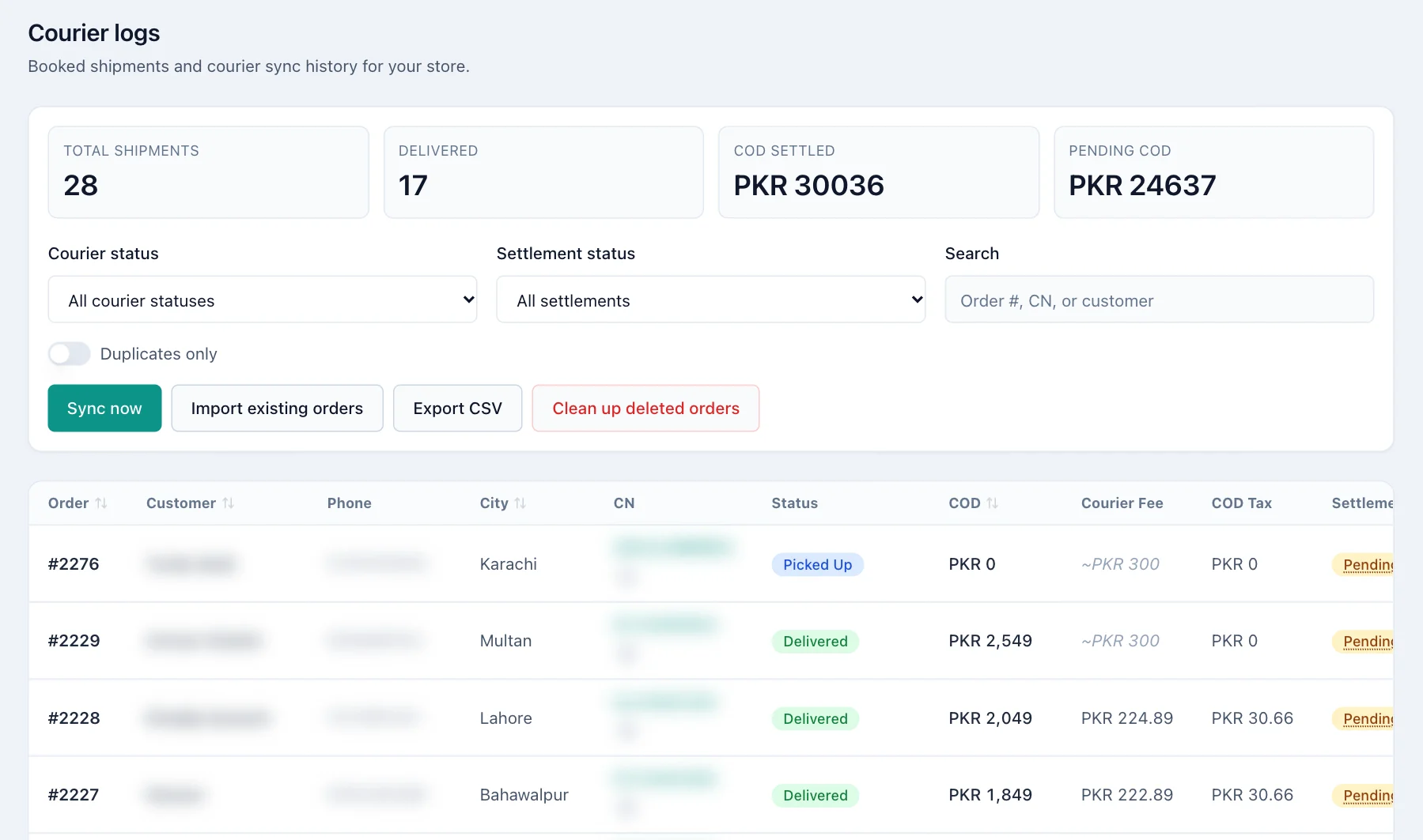 Courier logs with totals, filters, Sync now, Export CSV and a table of parcels with status, COD, fee and tax.