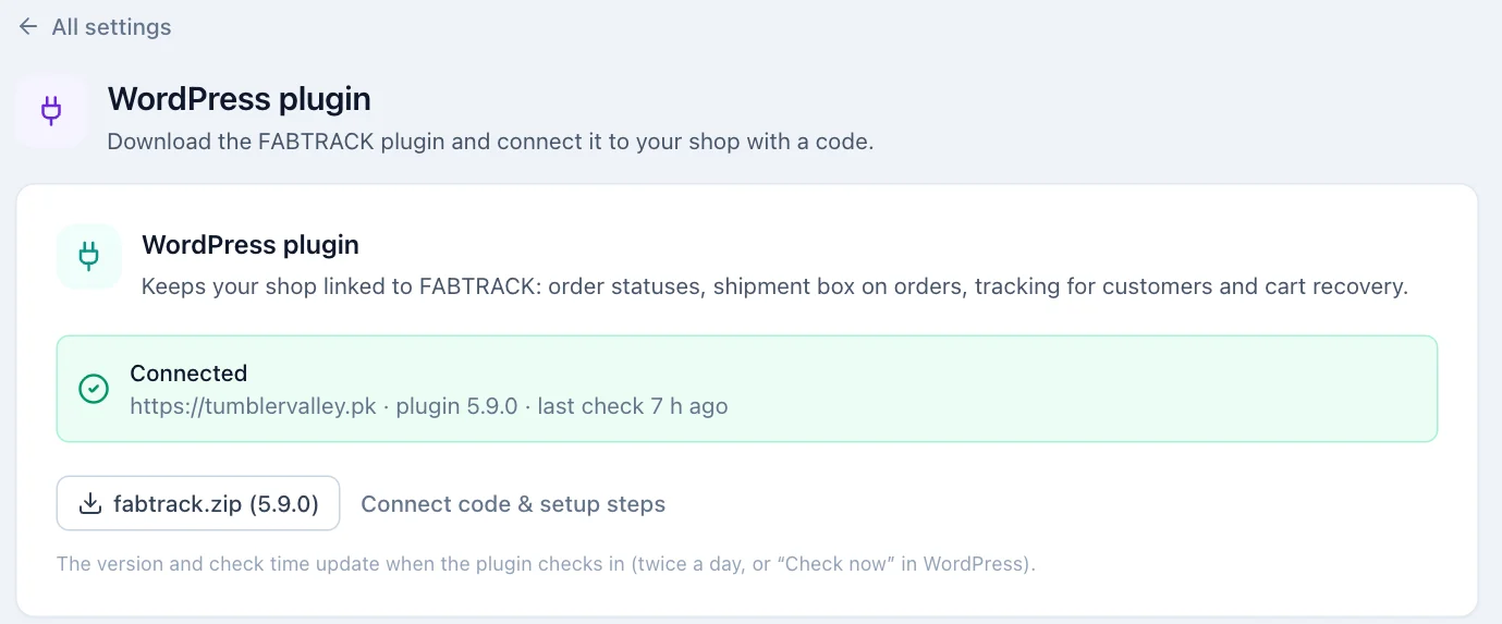 WordPress plugin card in FABTRACK showing Connected, the fabtrack.zip download and the connect code link.